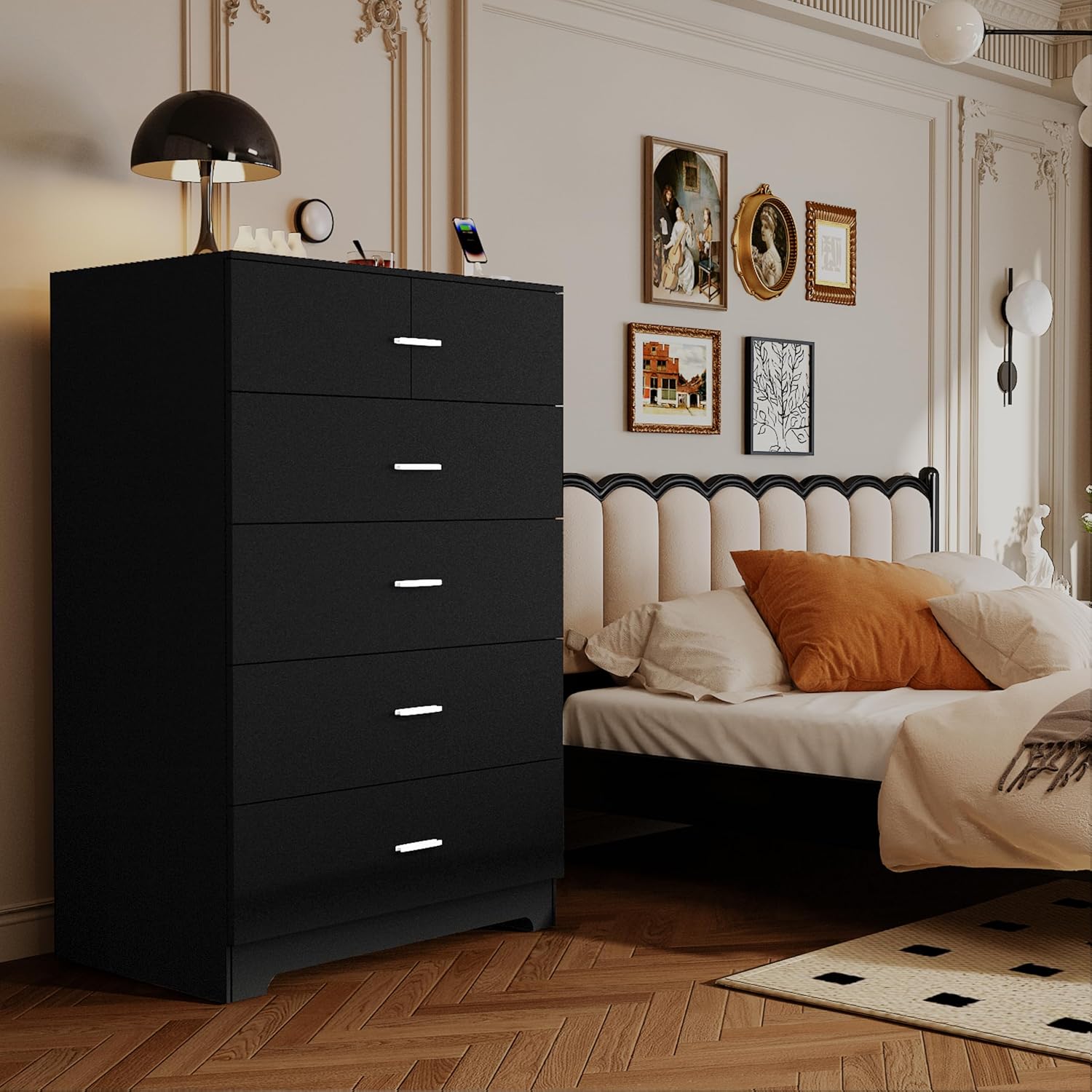 GEPELCN Dresser for Bedroom with Power Outlets Wood 5 Drawer Dresser with Large Storage Space Black Chest of Drawers with Smooth Metal Rail Tall Storage Organizer for Bedroom Living Room Closet