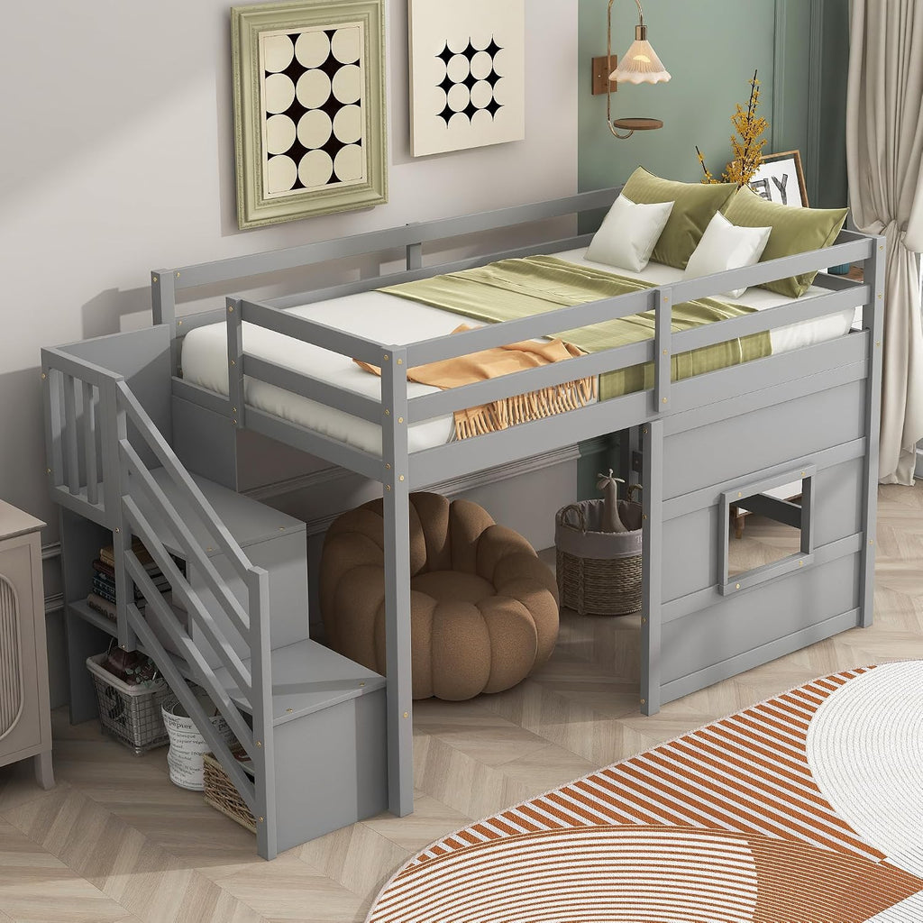 JIVOIT Low Loft Bed with Storage Staircase and Window, Twin Size Loft Bed with Guardrails and Wood Slats Support, Solid Wood Bed Frame, Space Saving Design, No Box Spring Need (Gray,Staircase+Window)