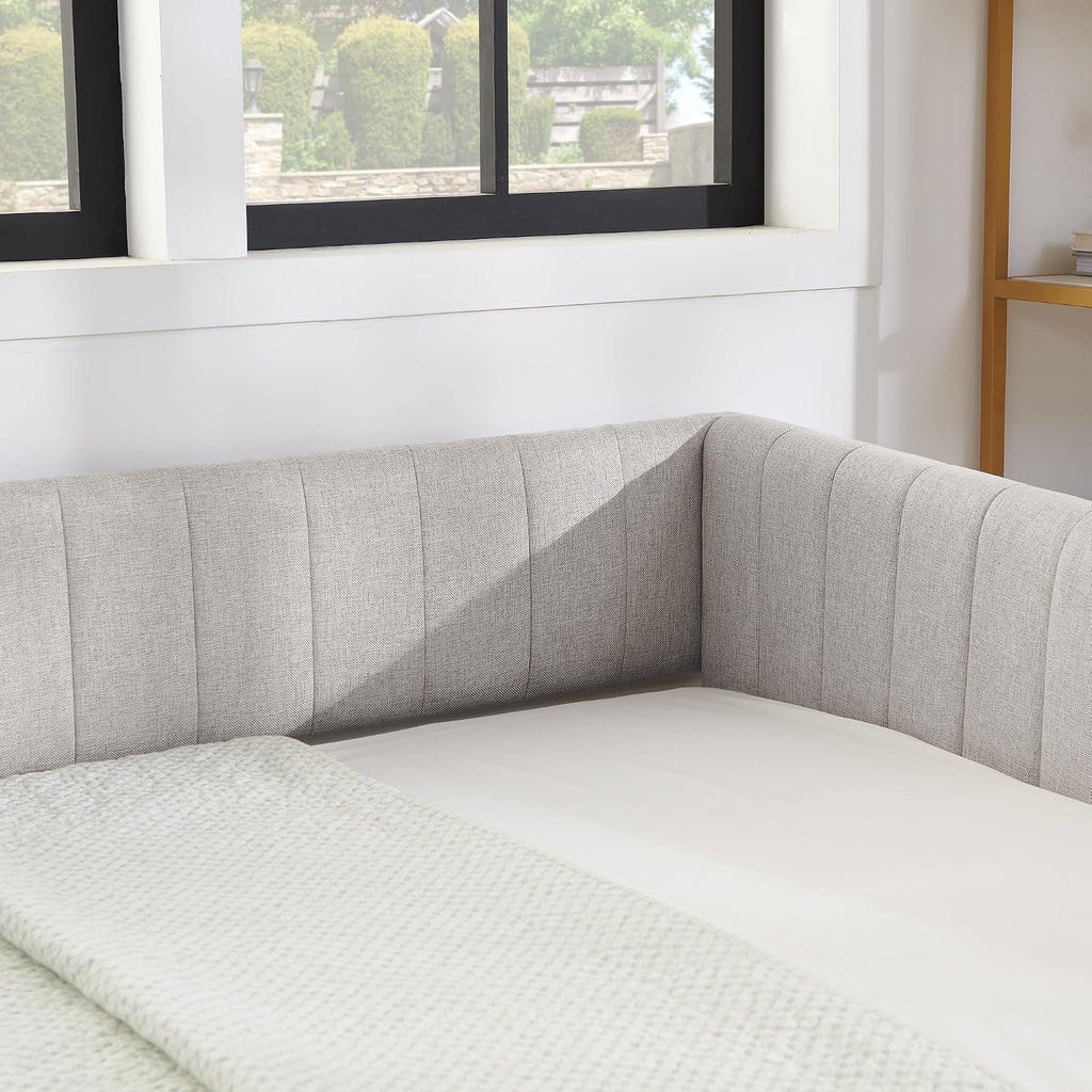 Ball & Cast Full Size Daybed with Pop up Trundle,Linen Upholstered Day Bed Frame with Channel Tufted Backrest & Armrest,Extendable Trundle Bed,Full to King Design,Easy Assembly,Black