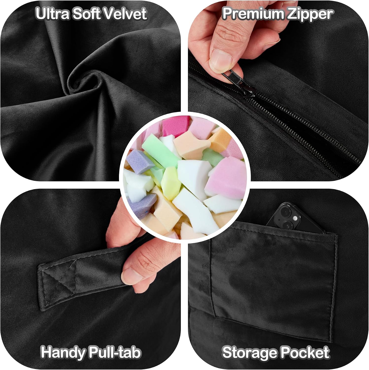 Homguava 6FT Bean Bag Chair Giant BeanBag with Memory Foam Filled, Large Bean Bag Chairs for Adults, Adult Bean Bag Chair with Dutch Velvet Cover for Living Room Bedroom-Black