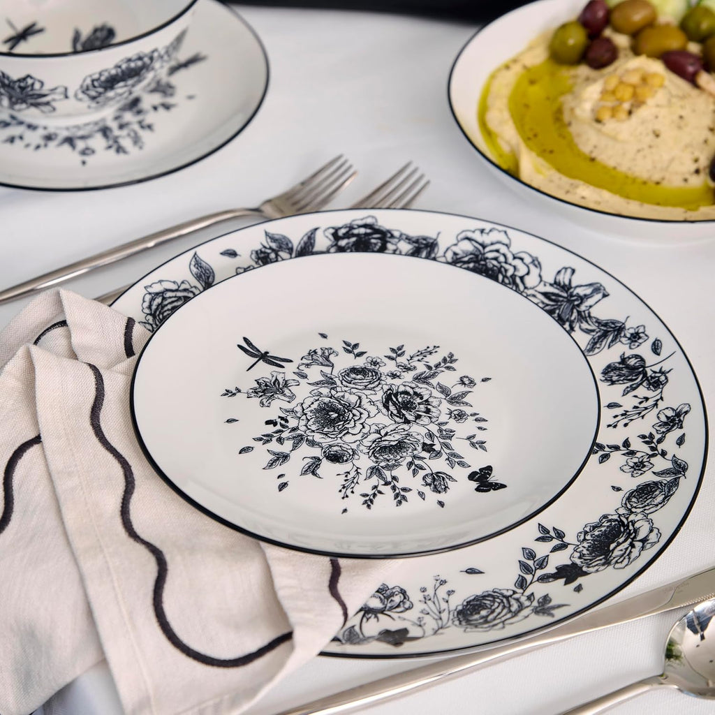 Stone Lain Esme 24-Piece Dinnerware Set Porcelain, Plates and Bowls Set, Dish Set for 8, Microwave and Dishwasher Safe, Black