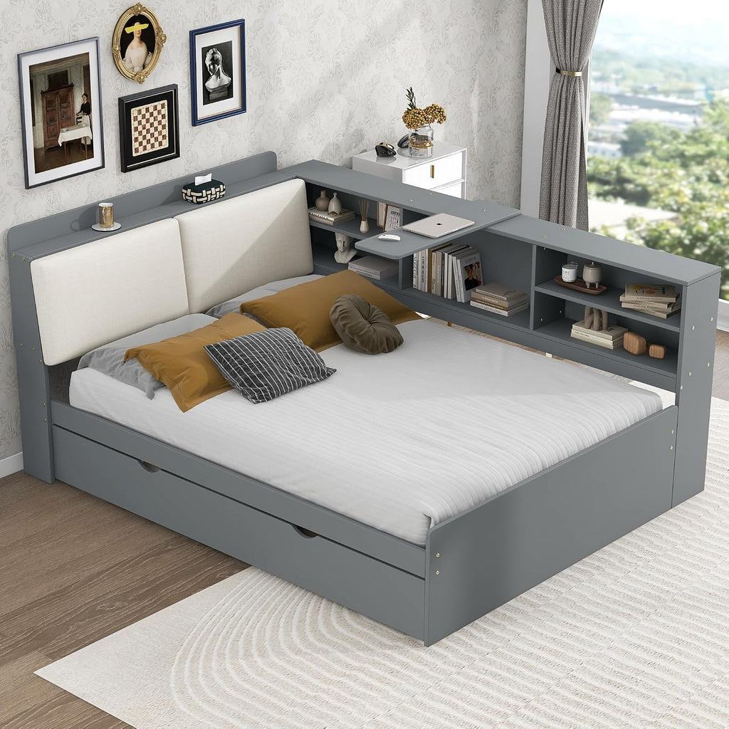 Full Size Corner Bed Frame with Trundle,Solid Wood Platform Bed with Upholstered Headboard, Rotatable Board and Bookcase, Storage Corner Beds Full for Kids Girls Boys(Gray)