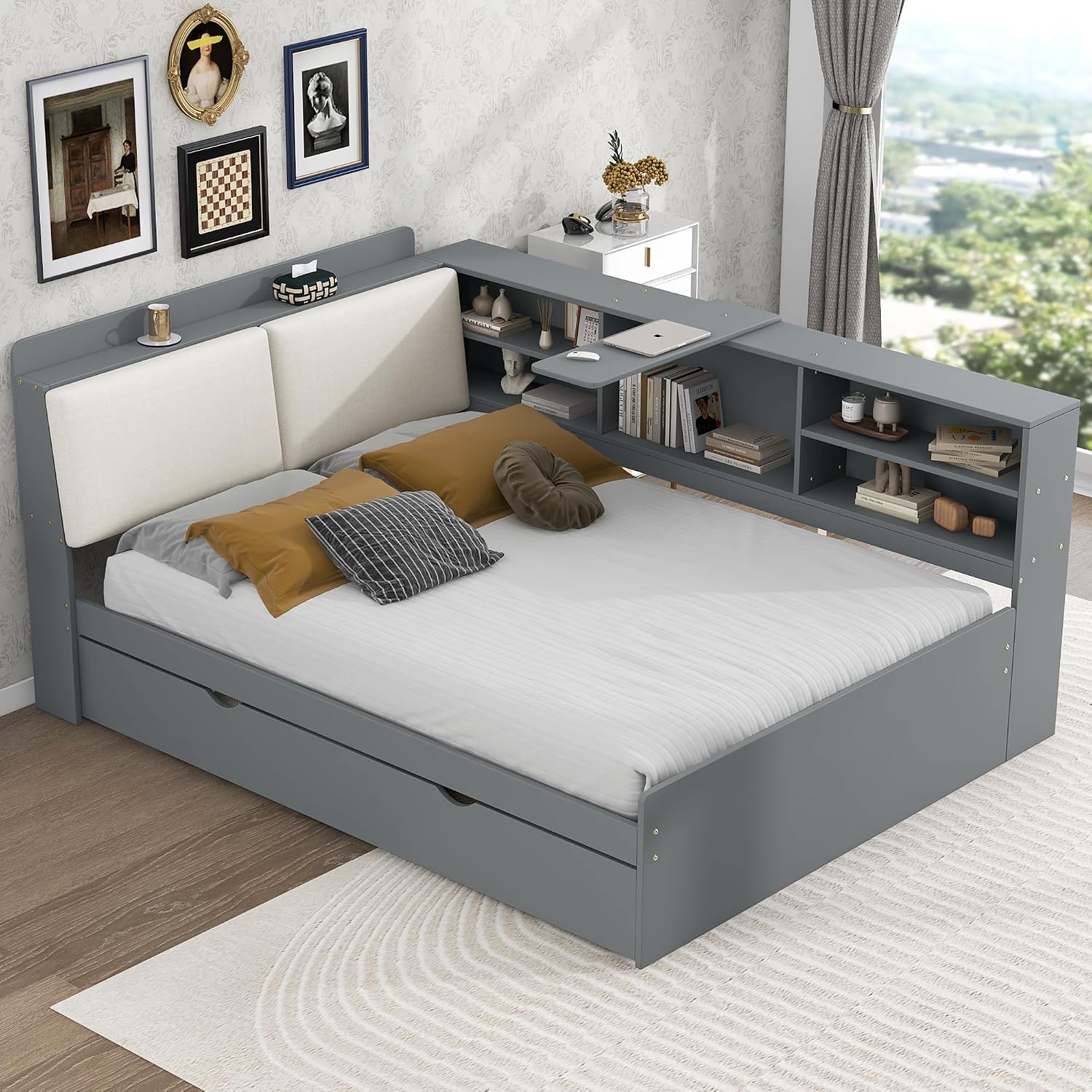 Full Size Corner Bed Frame with Trundle,Solid Wood Platform Bed with Upholstered Headboard, Rotatable Board and Bookcase, Storage Corner Beds Full for Kids Girls Boys(Gray)