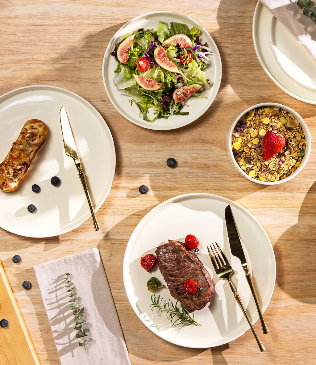 TheTerra Ceramic Dinnerware Sets for 8, 24 Pieces Porcelain Lightweight Plates and Bowls Sets, Scratch Resistant Dish Set, Oven & Microwave & Dishwasher Safe, Beige