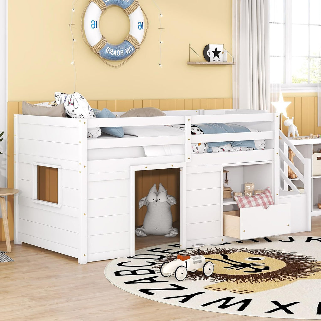 JIVOIT Twin Size Loft Bed with Bookshelf and Storage Drawer, Storage Staircase and Window Design, Wooden Low Loft Bed Frame with Full-Length Guardrail for Kids Teens (White, Bookshelf+Drawer 7)