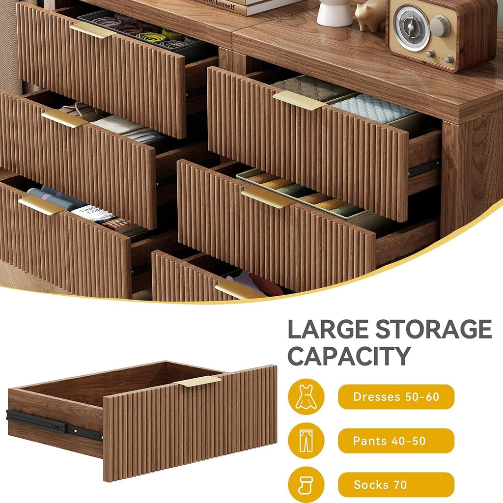 6 Drawer Dresser for Bedroom, Large Fluted with Wide Drawers and Golden Handles, Storage Organizer, Modern Wooden Dresser Chest for Bedroom Living Room, Walnut