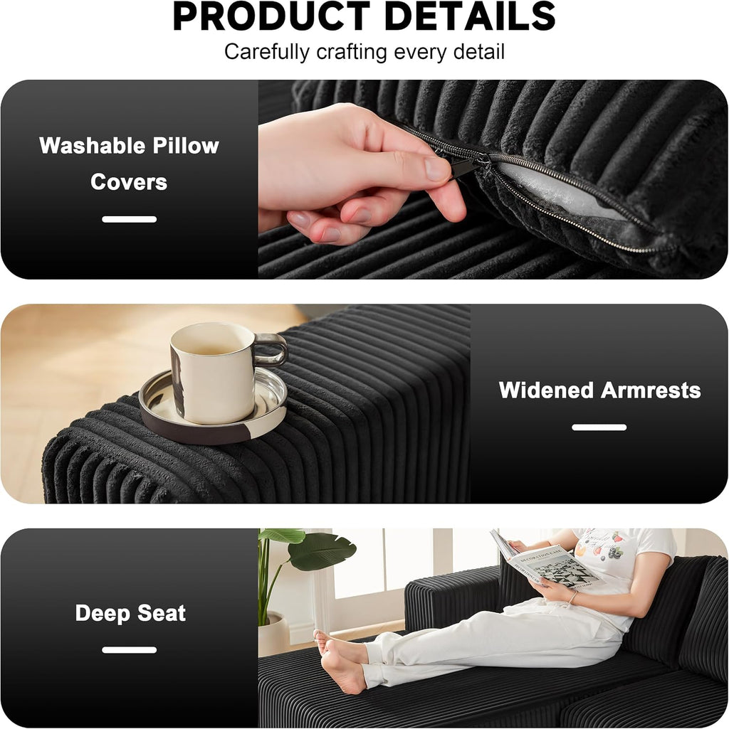 97' Boneless Couches for Living Room, Cloud Couch Sectional with Deep Seat, Comfy Couch with L-Shaped Chaise, Minimalist Upholstered Modular Sectional Sofa, No Assembly Required (Corduroy,Black)