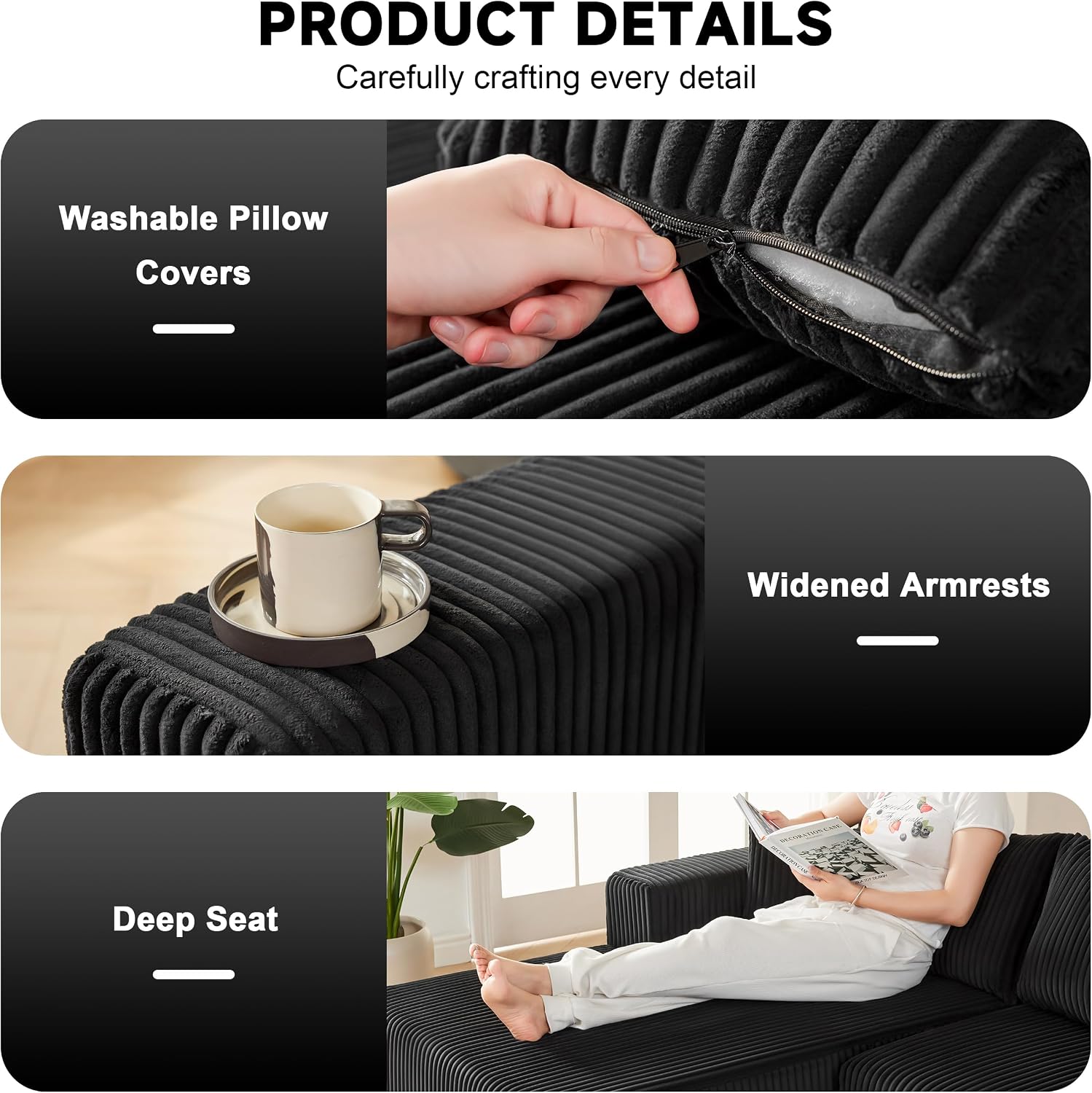 97' Boneless Couches for Living Room, Cloud Couch Sectional with Deep Seat, Comfy Couch with L-Shaped Chaise, Minimalist Upholstered Modular Sectional Sofa, No Assembly Required (Corduroy,Black)
