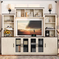 Entertainment Center Wall Unit with Storage for TVs Up to 55', Farmhouse TV Stand with Bookcase and Storage Cabinets, TV Stand Media Console for Living Room, Beige