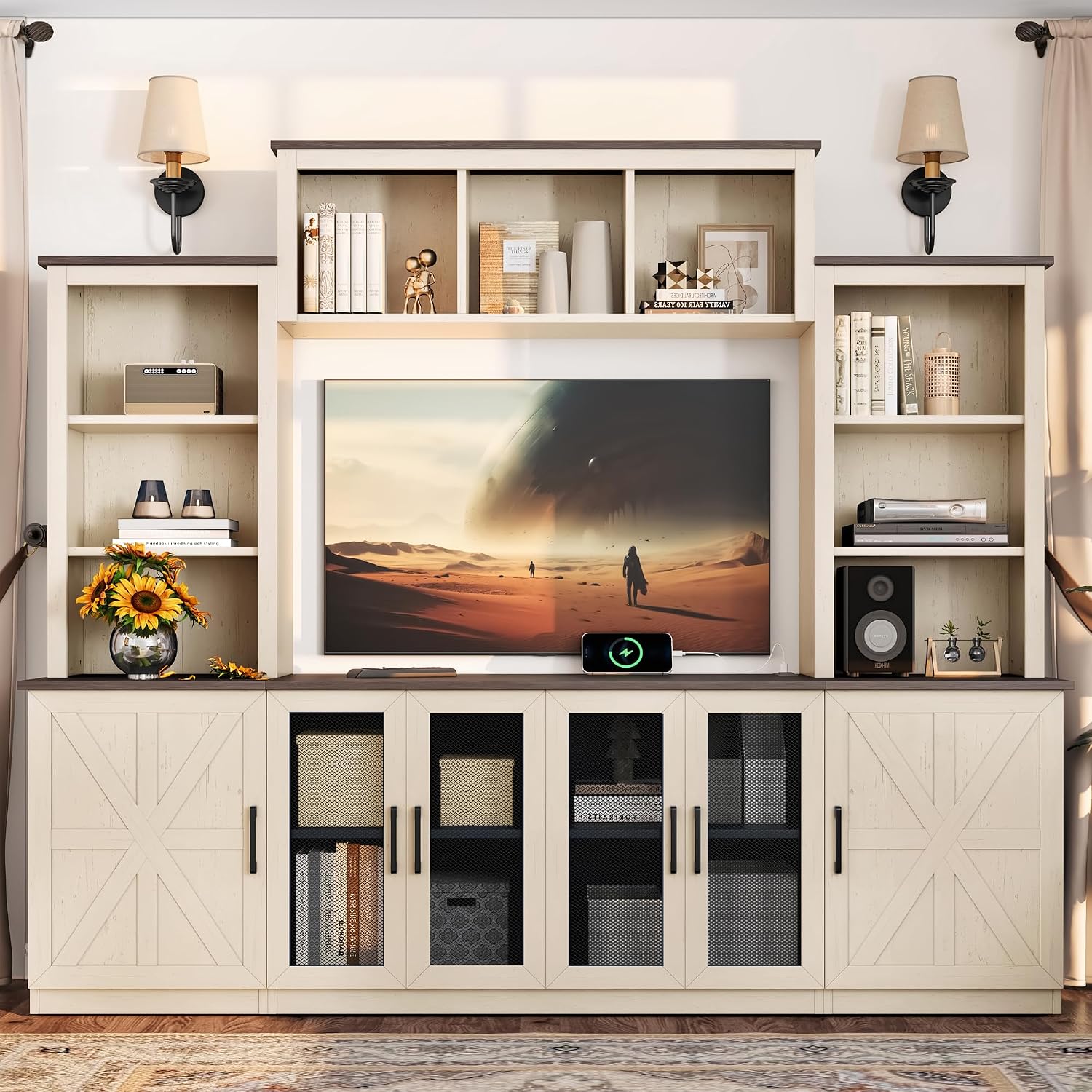 Entertainment Center Wall Unit with Storage for TVs Up to 55', Farmhouse TV Stand with Bookcase and Storage Cabinets, TV Stand Media Console for Living Room, Beige