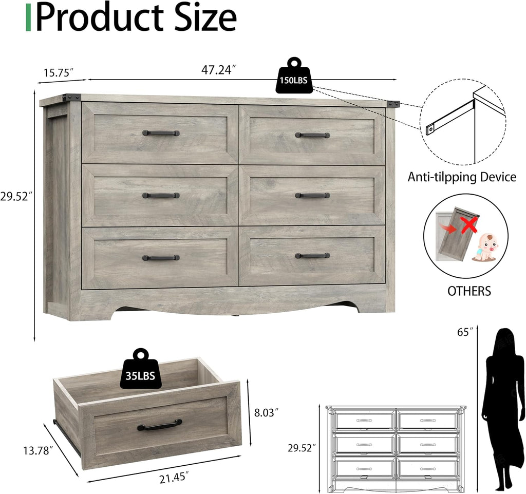 Dresser for Bedroom with 6 Drawers, 48' Wide Wood Chest of Drawers with Deep Drawers & Mental Handle, Modern Dresser TV Stand, Wooden Closet Storage Organizer for Living Room, Hallway, Entryway, Grey