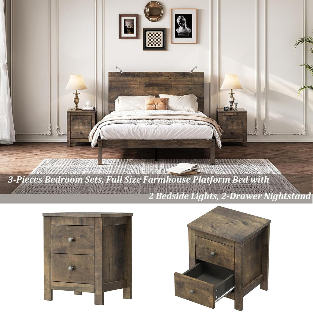 3-Piece Bedroom Set, Full Size Farmhouse Wooden Platform Bed Frame with Headboard and Built-In Lights, 2-Drawer Nightstands,Under-Bed Storage,Easy Assembly (Antique Walnut, Full 3 Piece Set)