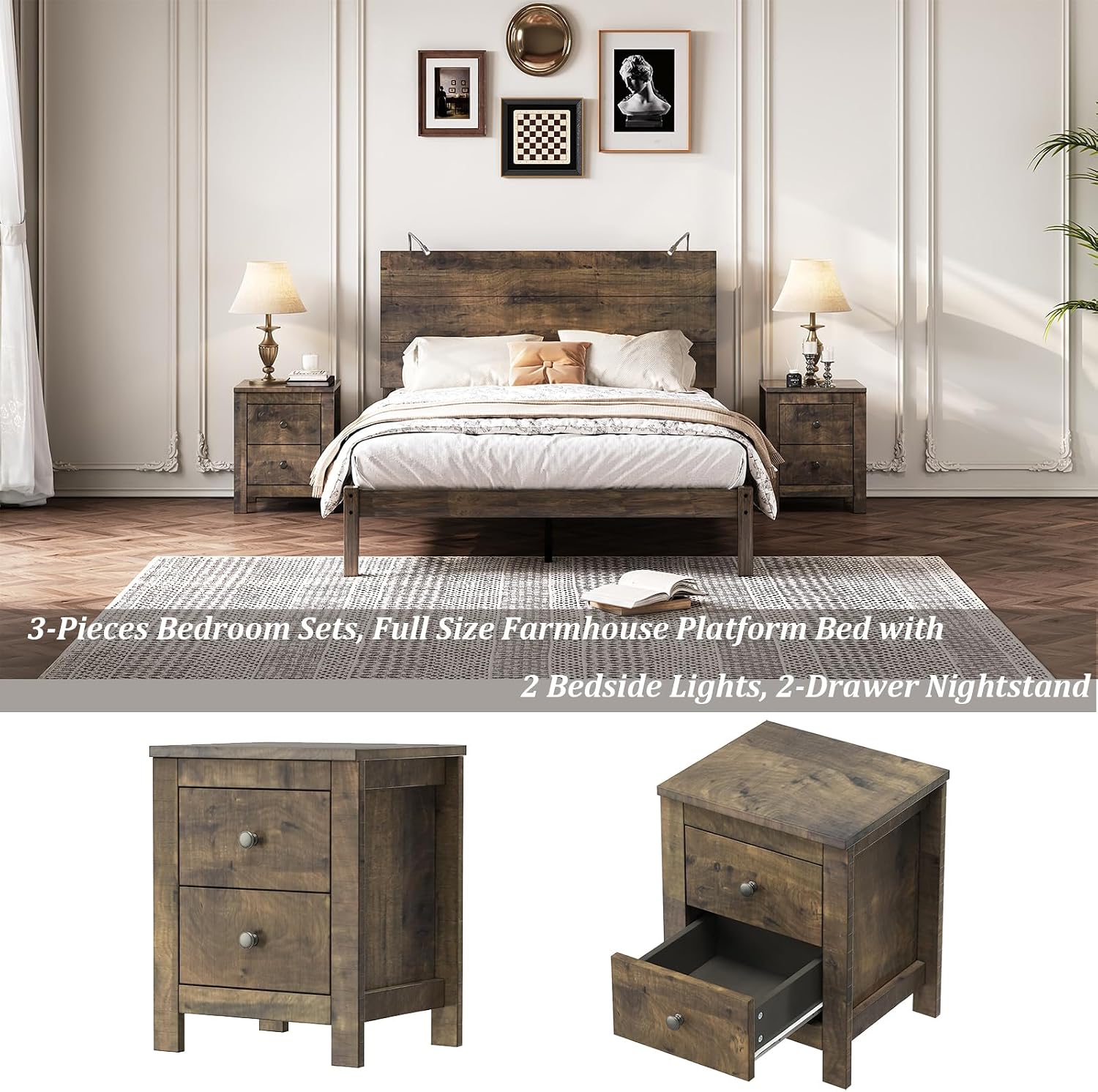 3-Piece Bedroom Set, Full Size Farmhouse Wooden Platform Bed Frame with Headboard and Built-In Lights, 2-Drawer Nightstands,Under-Bed Storage,Easy Assembly (Antique Walnut, Full 3 Piece Set)