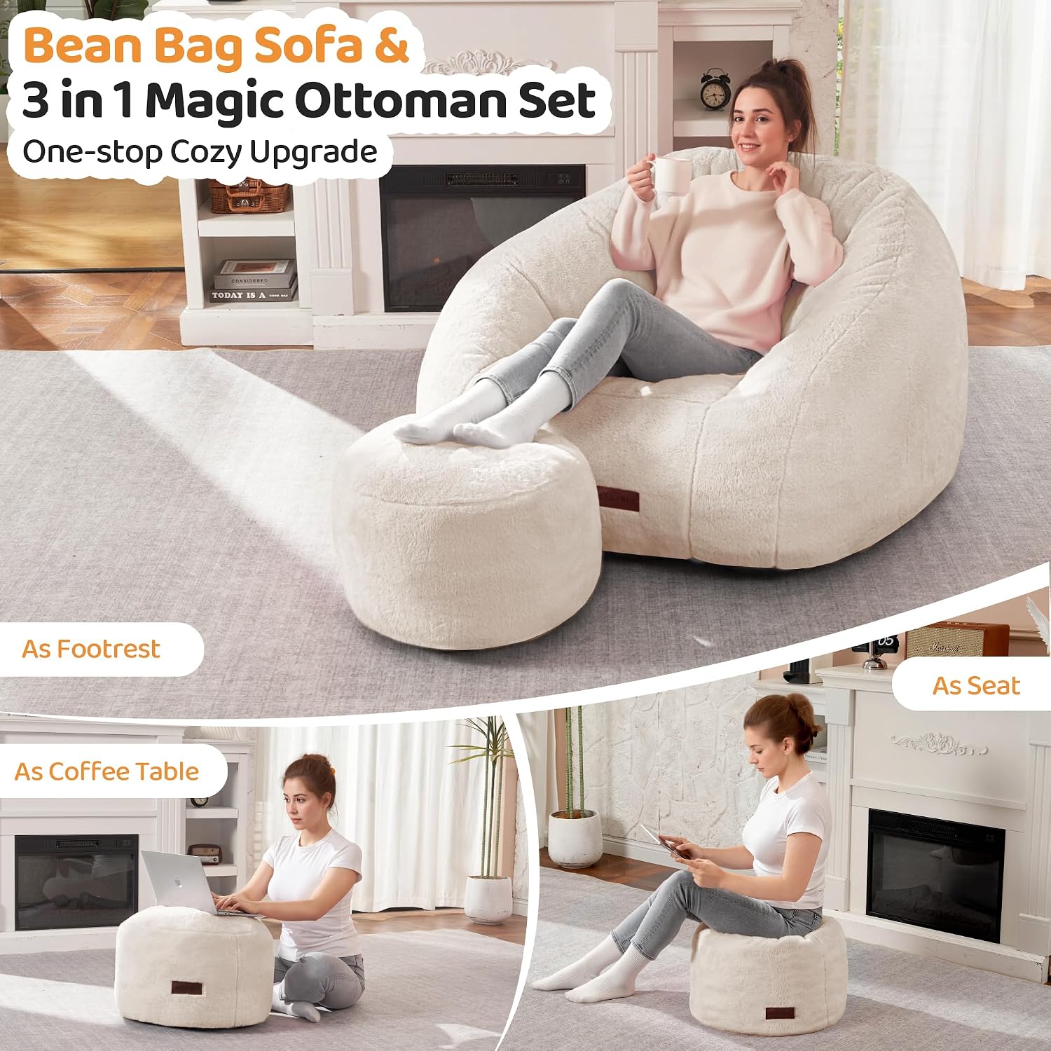 HABUTWAY Bean Bag Chair, Giant Bean Bag Chairs for Adults with Ottoman, Comfy Faux Fur Shell-Shaped Bean Bag Couch, Sofa Chair for Living Room, Bedroom, White