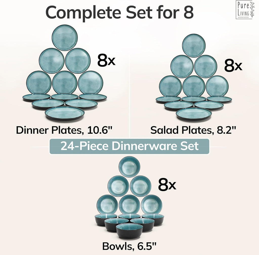 24 Piece Stoneware Dinnerware Set for 8 - Handmade Reactive Glaze Plates and Bowls Set - Chip & Scratch Resistant Dish Set - Dishwasher Microwave Safe - Black and Petrol Blue