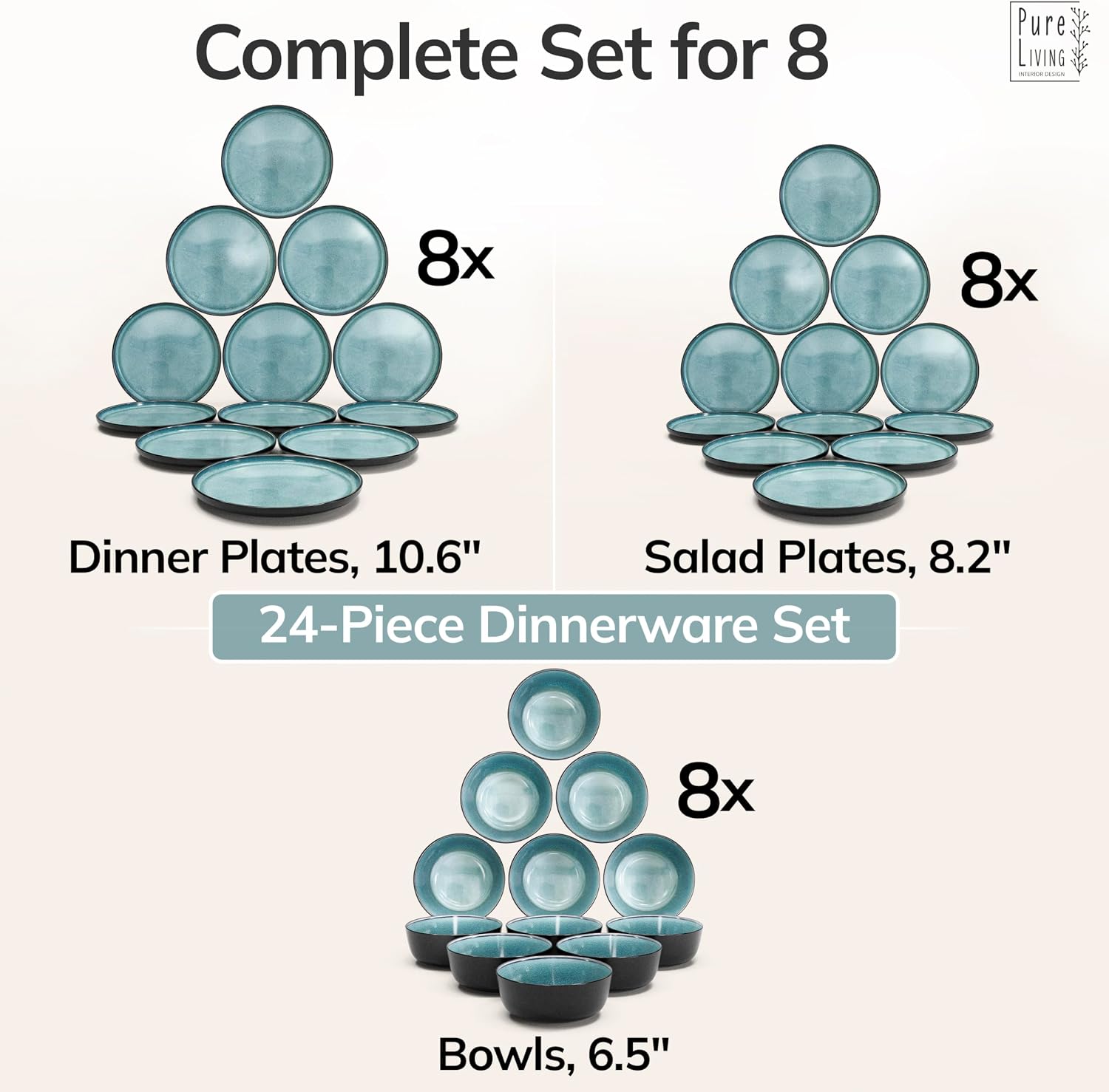 24 Piece Stoneware Dinnerware Set for 8 - Handmade Reactive Glaze Plates and Bowls Set - Chip & Scratch Resistant Dish Set - Dishwasher Microwave Safe - Black and Petrol Blue