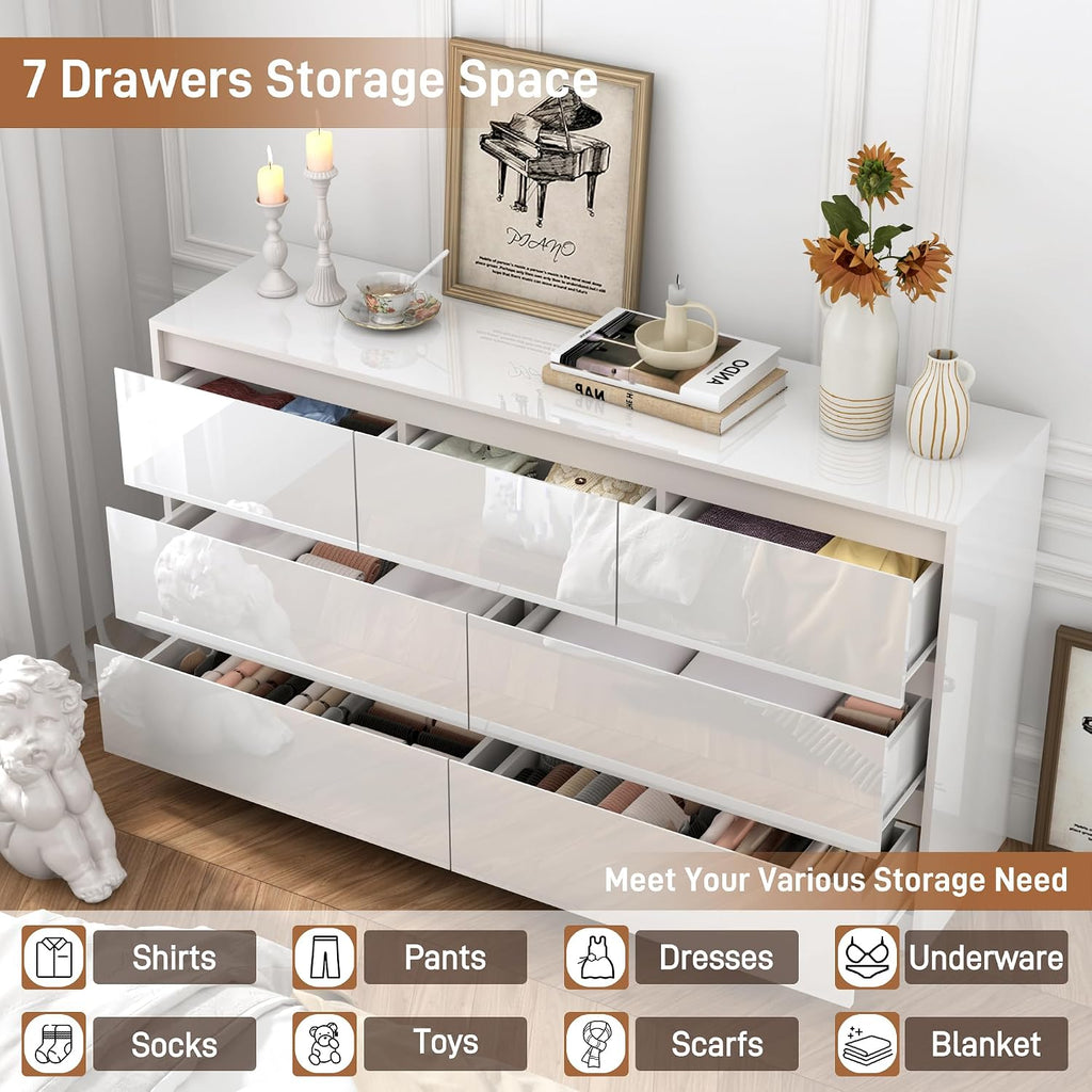 jiteentarou White Malm Dresser for Bedroom, 55 Inch Full High Gloss Dresser with 7 Drawers, Modern Large Wood Chest of Drawer Handle Free, Living Room, Entryway, Hallway, White
