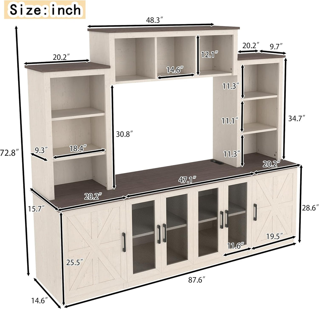 Entertainment Center Wall Unit with Storage for TVs Up to 55', Farmhouse TV Stand with Bookcase and Storage Cabinets, TV Stand Media Console for Living Room, Beige