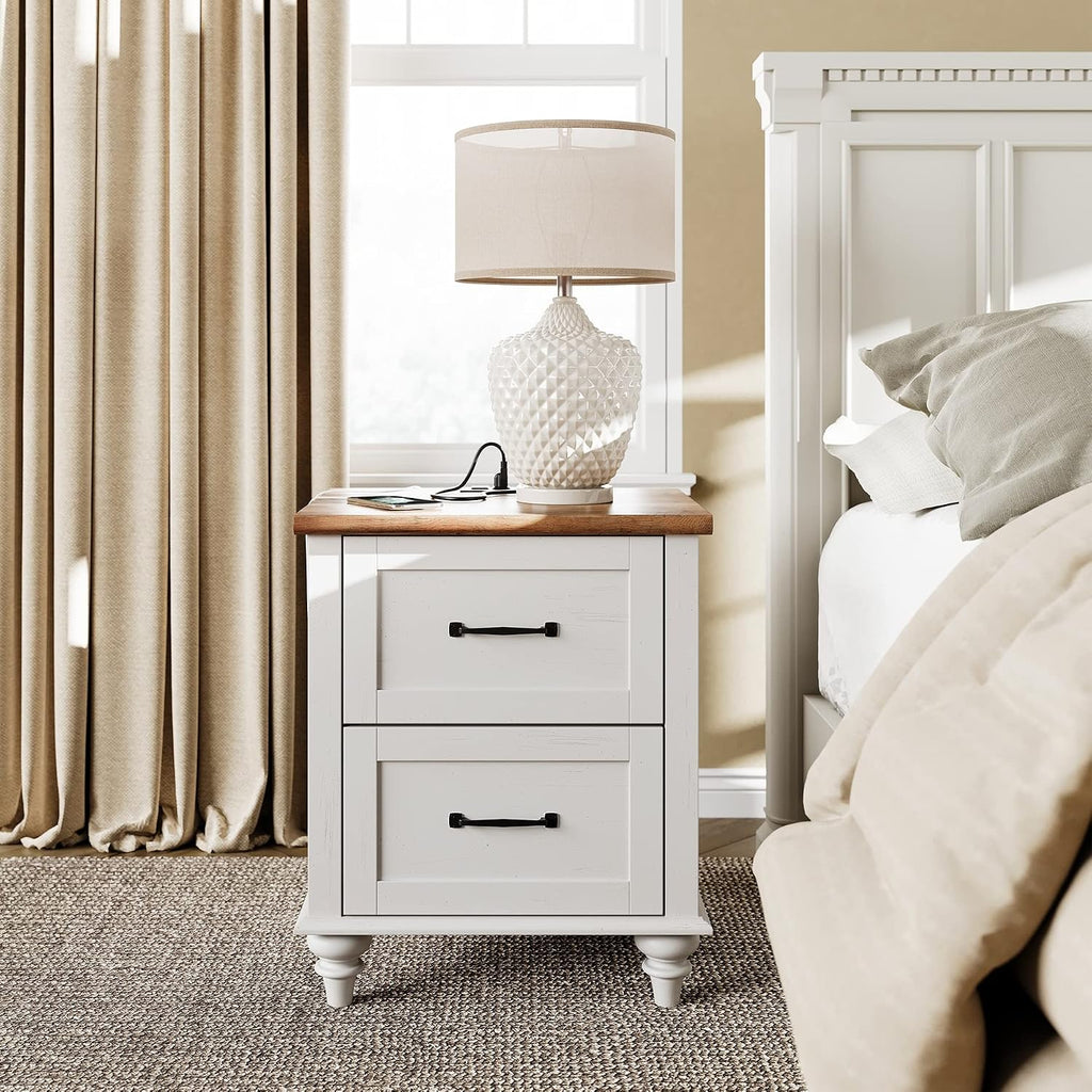 WAMPAT Off White Nightstand with Charging Station, 20 Inch Night Stand with 2 Drawers, Wooden Rustic Bedside Table End Tables with Solid Wood Legs for Bedroom