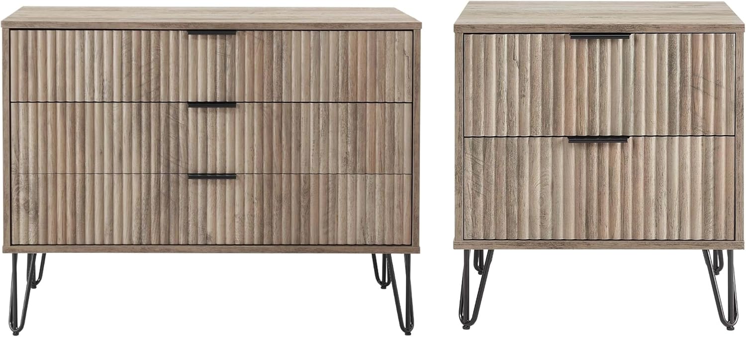 Manhattan Comfort Dumbo 2 Piece Dresser & Nightstand Set, Fluted Night Stand with Hairpin Gold Metal Legs & 3-Drawer Dresser, No Tool Assembly, Storage Cabinet for Bedroom, Living Room in Rustic Grey