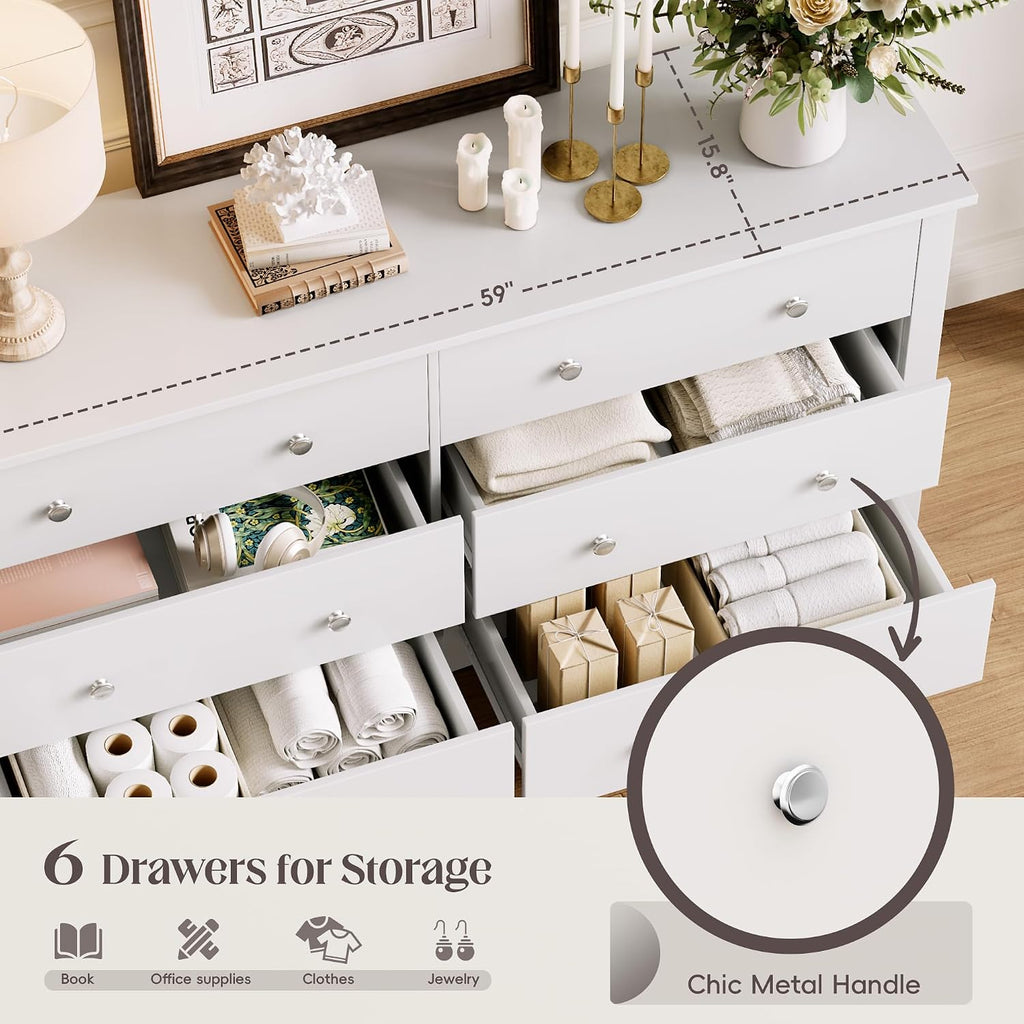 JUMMICO Dresser for Bedroom, 6 Wood Dresser Drawers, Wide Chest of Drawers, TV Stand, Modern Design for Bedroom, Living Room, Hallway, Entryway (White)