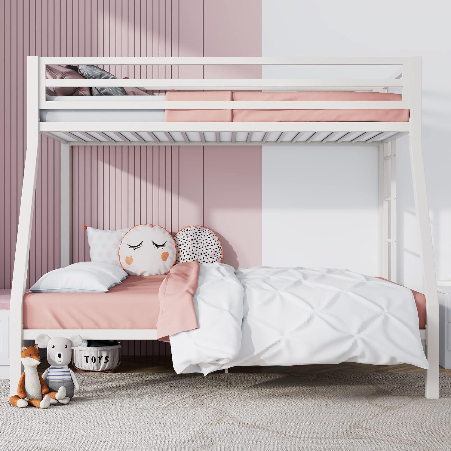 SHA CERLIN Loft Bunk Bed Twin Over Full Size with Ladder and Guardrail,Heavy Duty Metal Slats Support No Box Spring Needed Small Space Saving Furniture for Bedroom Dorm,White