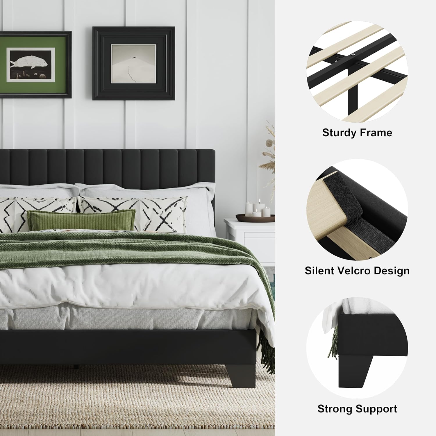 Full Size Bed Frame, Velvet Upholstered Platform Bed with Adjustable Tufted Headboard, Sturdy Frame and Slats, Noiseless, No Box Spring Required, Easy to Assemble, Black