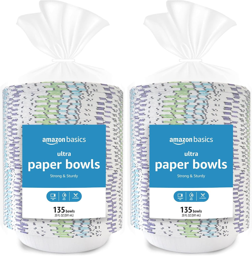 Amazon Basics Ultra Paper Bowls, 20 Oz, Disposable, 1080 Count (8 packs of 135), White (Previously Encore)