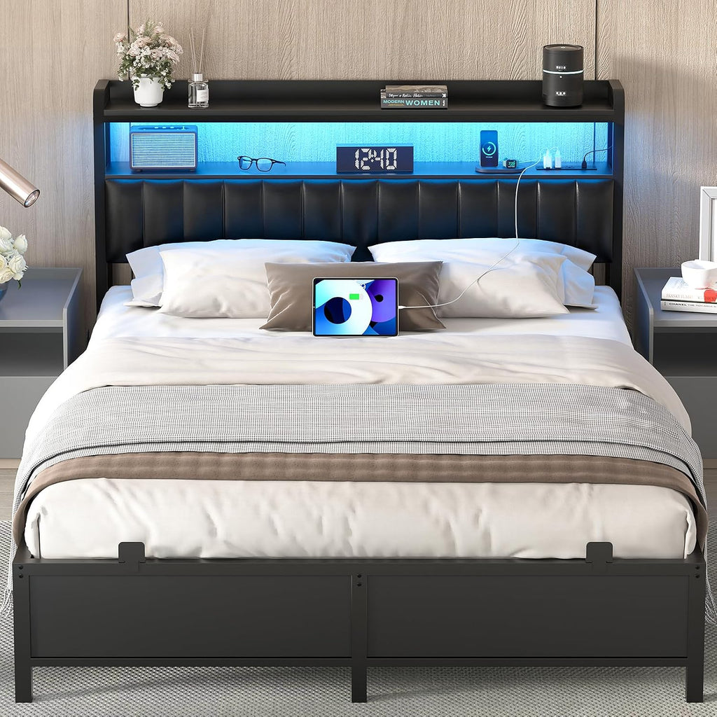 Homieasy Queen Bed Frame with Charging Station, Adjustable Upholstered Faux Leather Headboard, Industrial Platform Bed with LED Lights, Steel Slat Support, No Box Spring Needed, Black