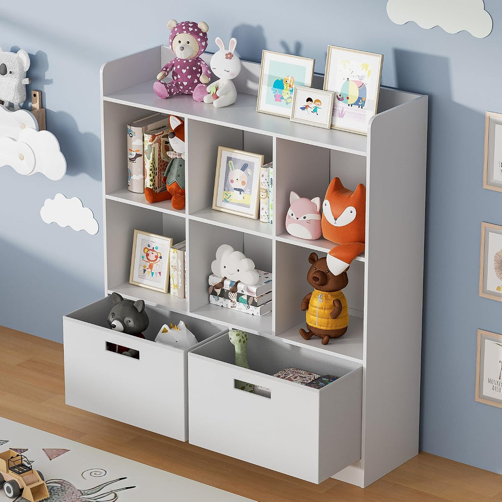 Housoul 8 Cube Kids Bookshelf with Fabric Drawers, 3-Tier Wooden Open Shelf Bookcase, Freestanding Book Shelves, Kids Bookcase Cubby Storage Organizer for Living Room, Office, White