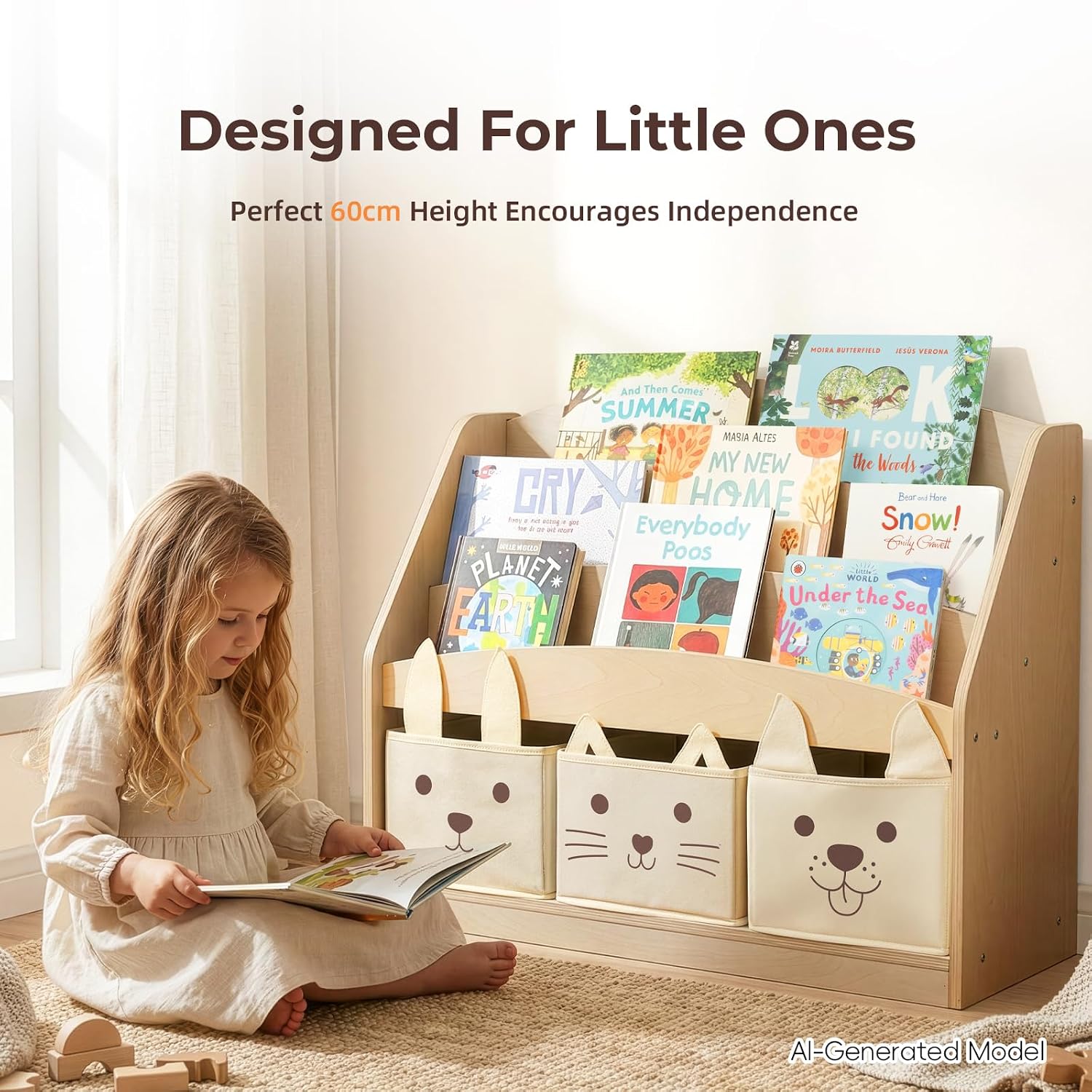 OOOK 3-Tier Kids Bookshelf with 3 Removable Fabric Storage Bins, Front Facing Toddler Montessori Bookshelf, Wooden Bookshelves for Kidsroom, Classroom, Playroom, Nursery