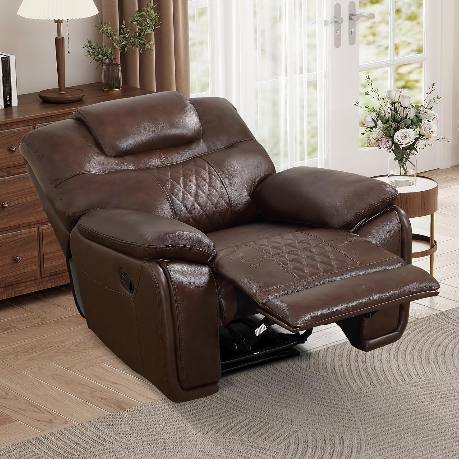 EBELLO Genuine Leather Recliner Chair, Manual Overstuffed Reclining Sofa for Adults with Comfortable Armrest and Backrest, Single Couch for Living Room, Dark Brown