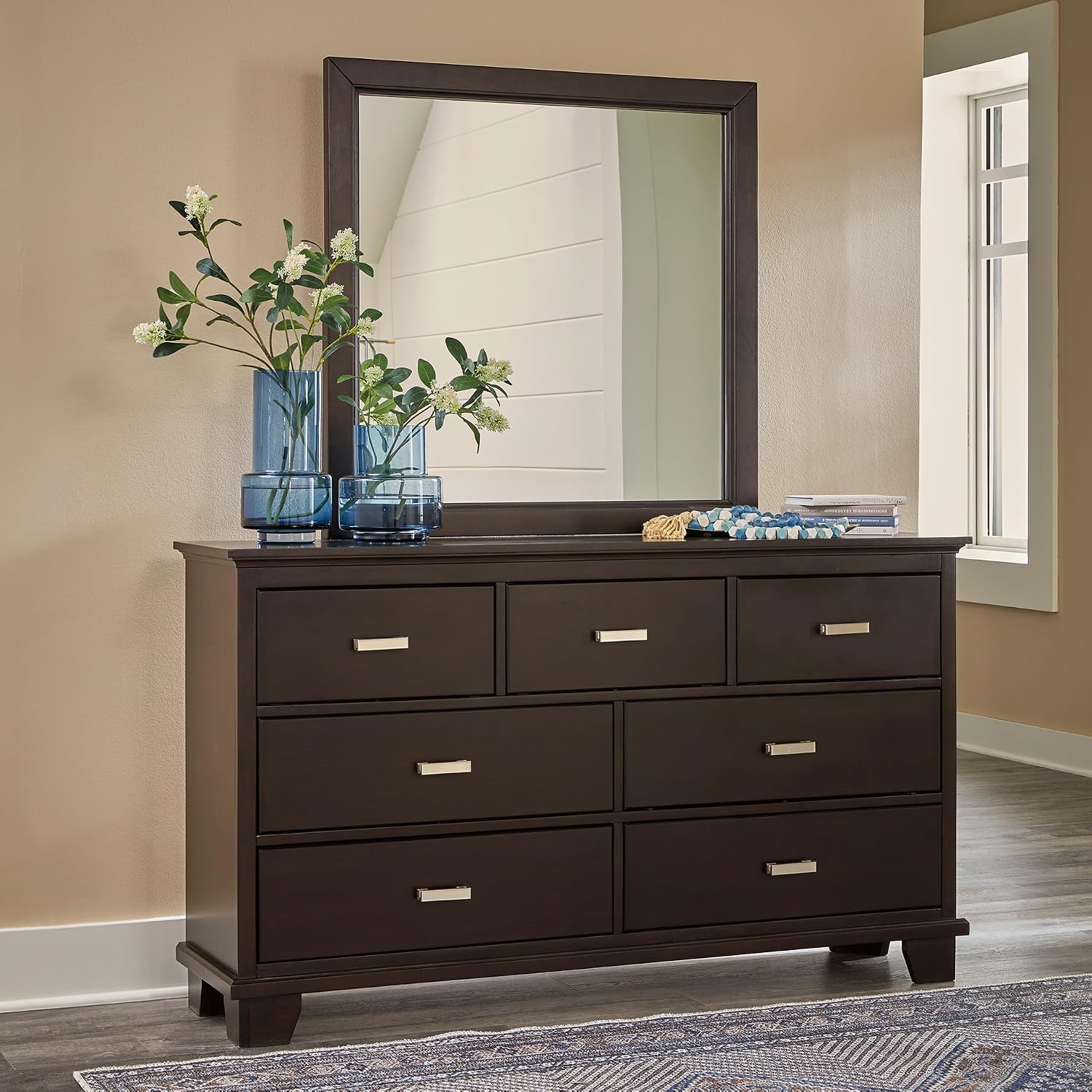 Signature Design by Ashley Covetown Contemporary 7-Drawer Dresser and Mirror with Safety Stop, Dark Brown