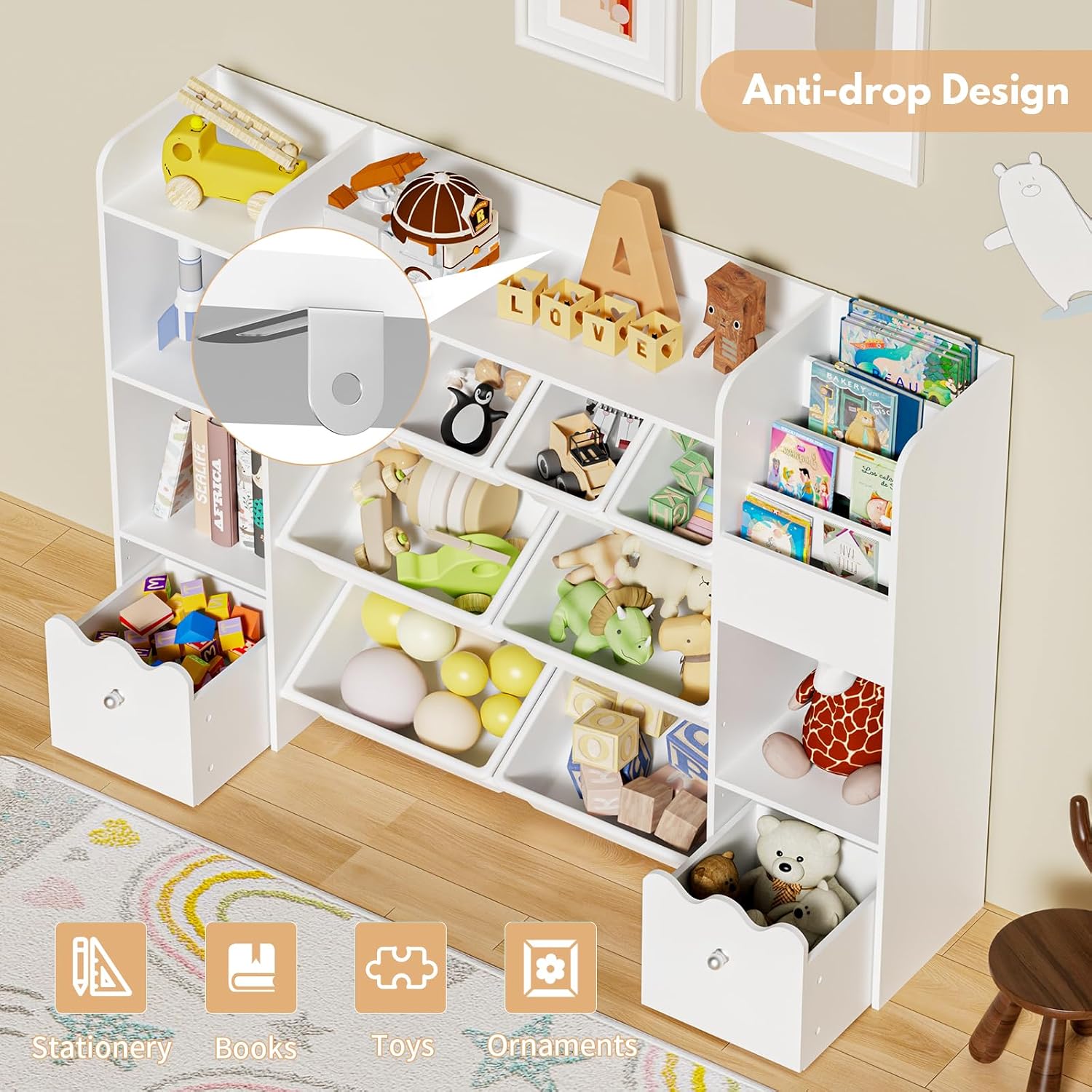 HOMMPA 55' W Kids Toy Storage Organizer with 2 Movable Drawer 4-Tier Bookshelf for Kids Children's Organizer Cabinet with 8 Toy Bins for Playrooms, Classroom and Nurseries,White