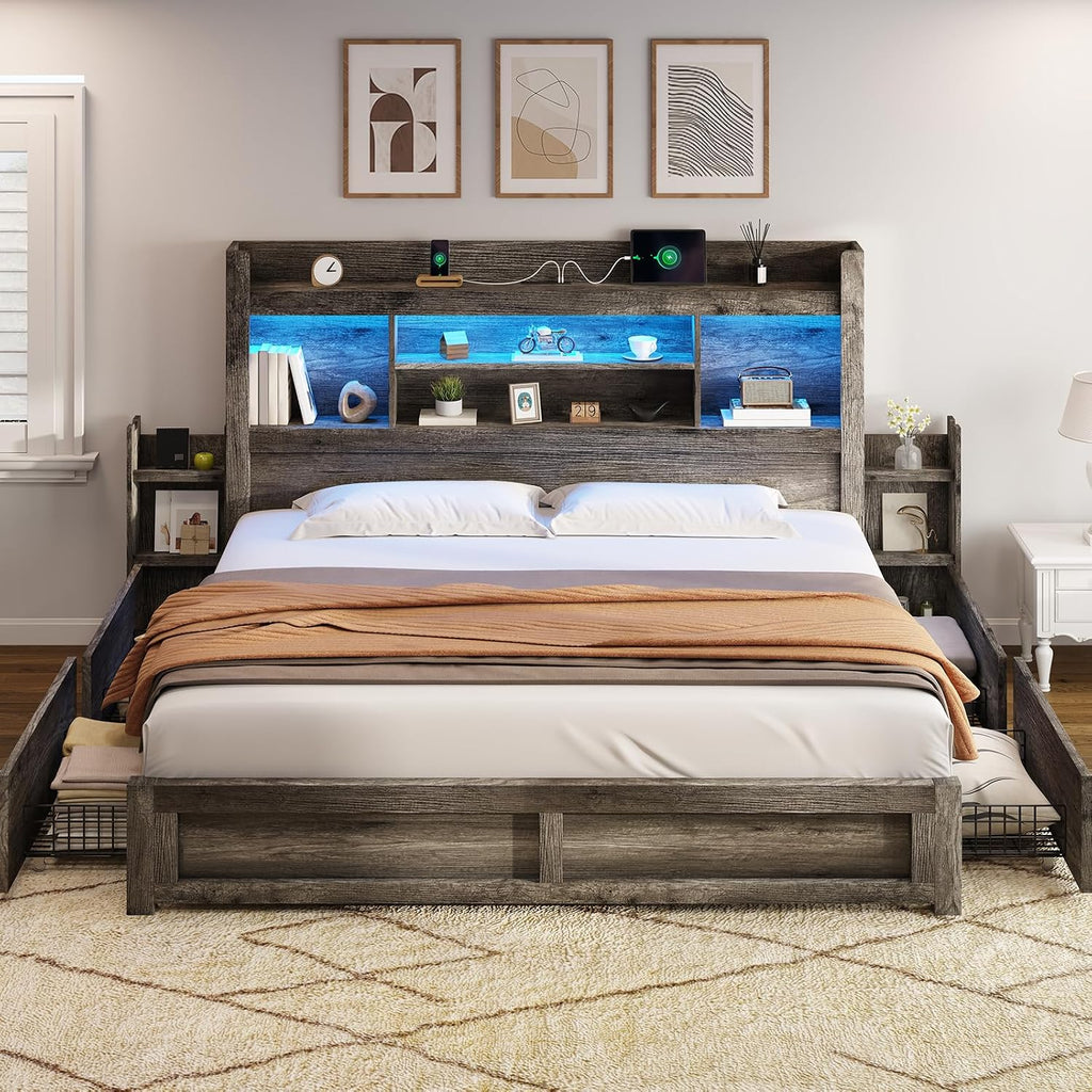 AMERLIFE King Size Bed Frame with 4 Storage Drawers, LED Bed Frame with 49' Tall Bookcase Headboard, Wood Platform Bed with Charging Station & 2 Slide Bedside Shelf, No Box Spring Needed/Rustic Grey