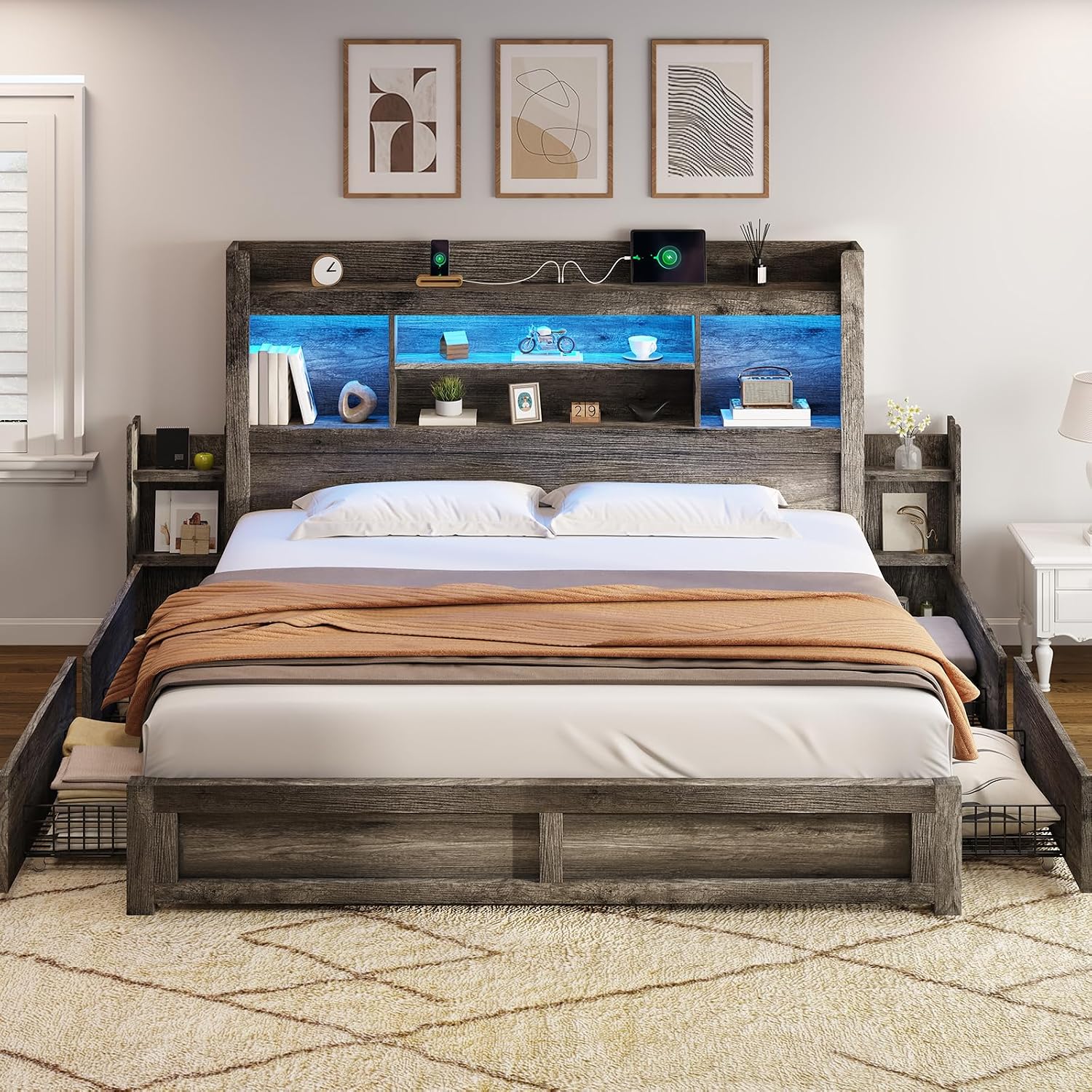 AMERLIFE King Size Bed Frame with 4 Storage Drawers, LED Bed Frame with 49' Tall Bookcase Headboard, Wood Platform Bed with Charging Station & 2 Slide Bedside Shelf, No Box Spring Needed/Rustic Grey