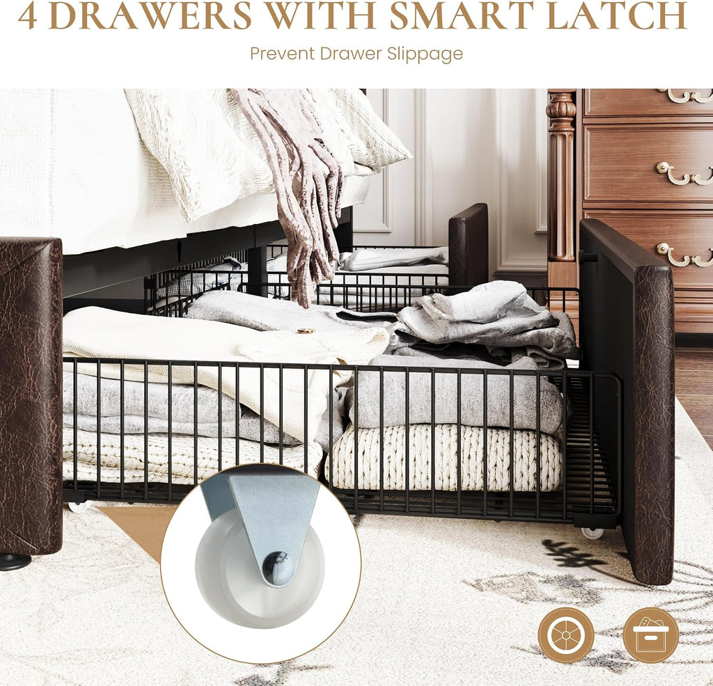 SHA CERLIN Upholstered Full Size Platform Bed Frame with 4 Storage Drawers, Adjustable Headboard with Diamond Stitched Button Tufted Design, Wooden Slat Support, No Box Spring Needed, Black Brown