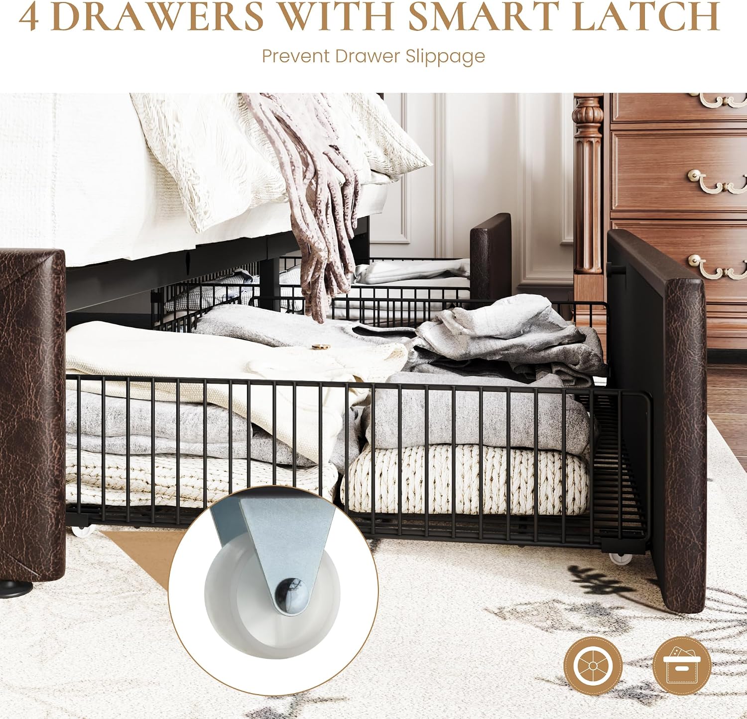 SHA CERLIN Upholstered Full Size Platform Bed Frame with 4 Storage Drawers, Adjustable Headboard with Diamond Stitched Button Tufted Design, Wooden Slat Support, No Box Spring Needed, Black Brown