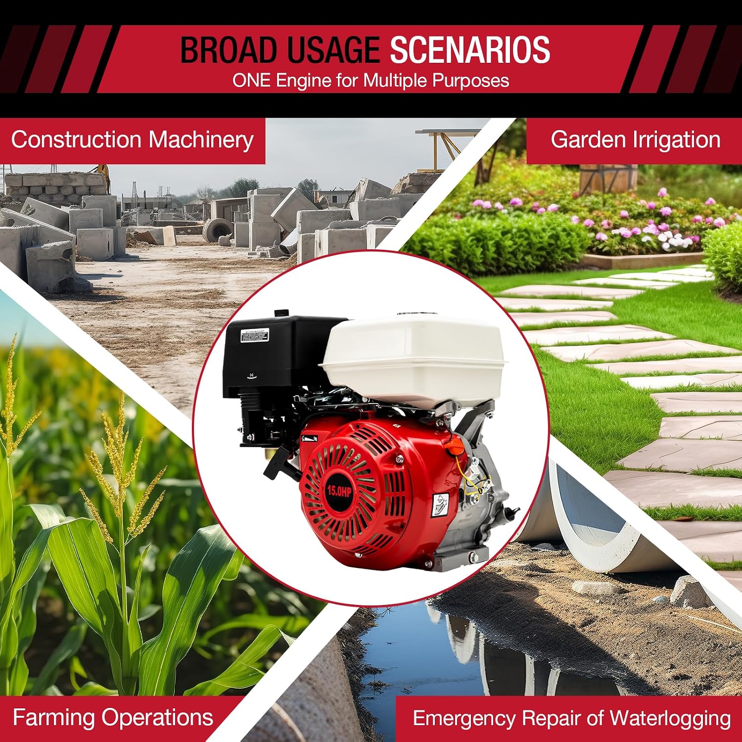Gas Engine 15HP, 420CC Gas Powered 4 Stroke Multi-Use Engine Pull Start Air Cooled (15HP, 420CC, Red)
