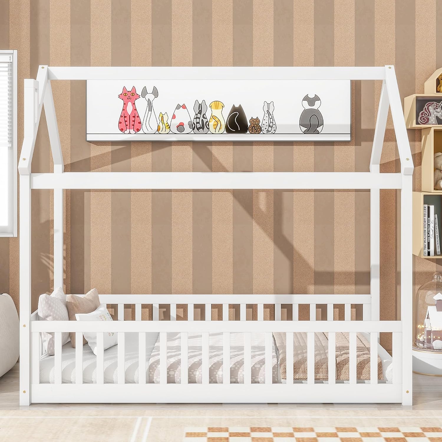 Twin Floor Bed with Slats, Twin Floor Bed for Children, Wooden Montessori Bed with Fence, House Bed for Boys Girls Bedroom - White