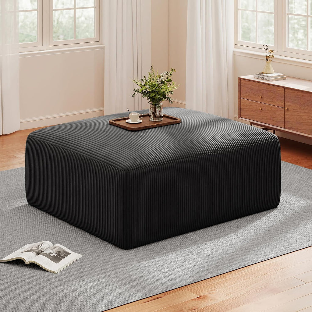 40' Oversized Square Corduroy Ottoman Pouf - Poofy Soft Foot Rest with Foam Chunk Filling, Movable Large Ottoman Pouf Footstool for Living Room Sofa Couch Bedroom, Black(1 Piece)