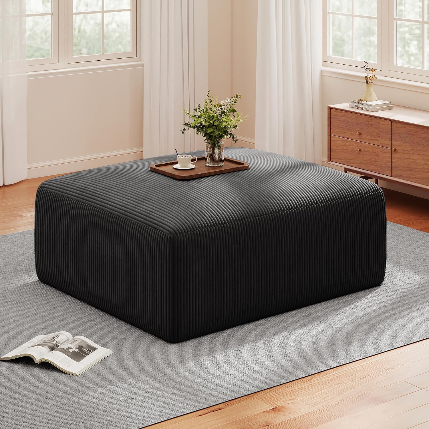 40' Oversized Square Corduroy Ottoman Pouf - Poofy Soft Foot Rest with Foam Chunk Filling, Movable Large Ottoman Pouf Footstool for Living Room Sofa Couch Bedroom, Black(1 Piece)