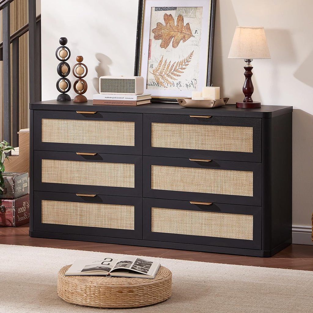 LEYAOYAO Rattan 6 Drawer Dresser for Bedroom Set of 2, Boho 54' Wide Black Dresser Chest of Drawers, Dressers TV Stand with Metal Handle, Storage Dressers Closet Organizer for Living Room, Hallway