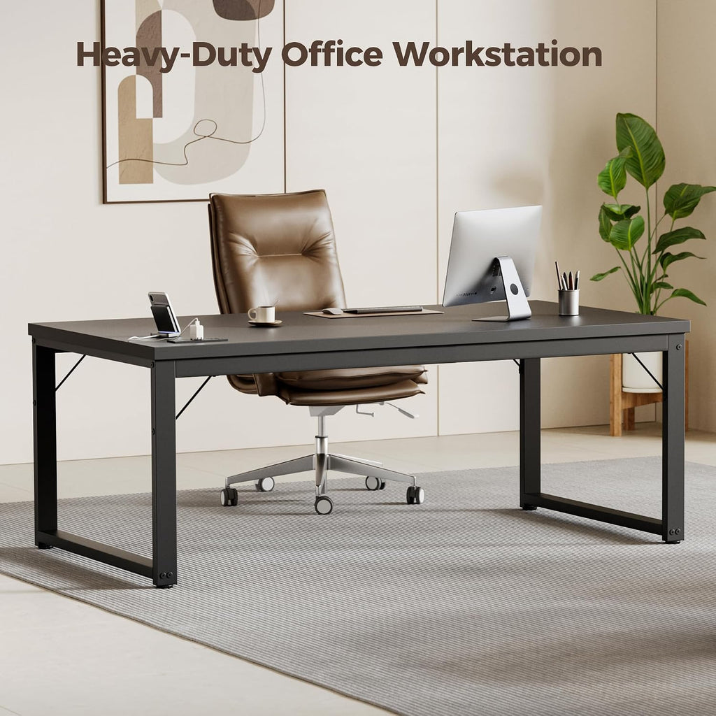 Mericonia 54 Inch Computer Desk with Power Outlets, 1.2' Thick Heavy Duty Industrial Office Desk, Modern Simple Study Writing Table for Home Office Bedroom Workstation, Black