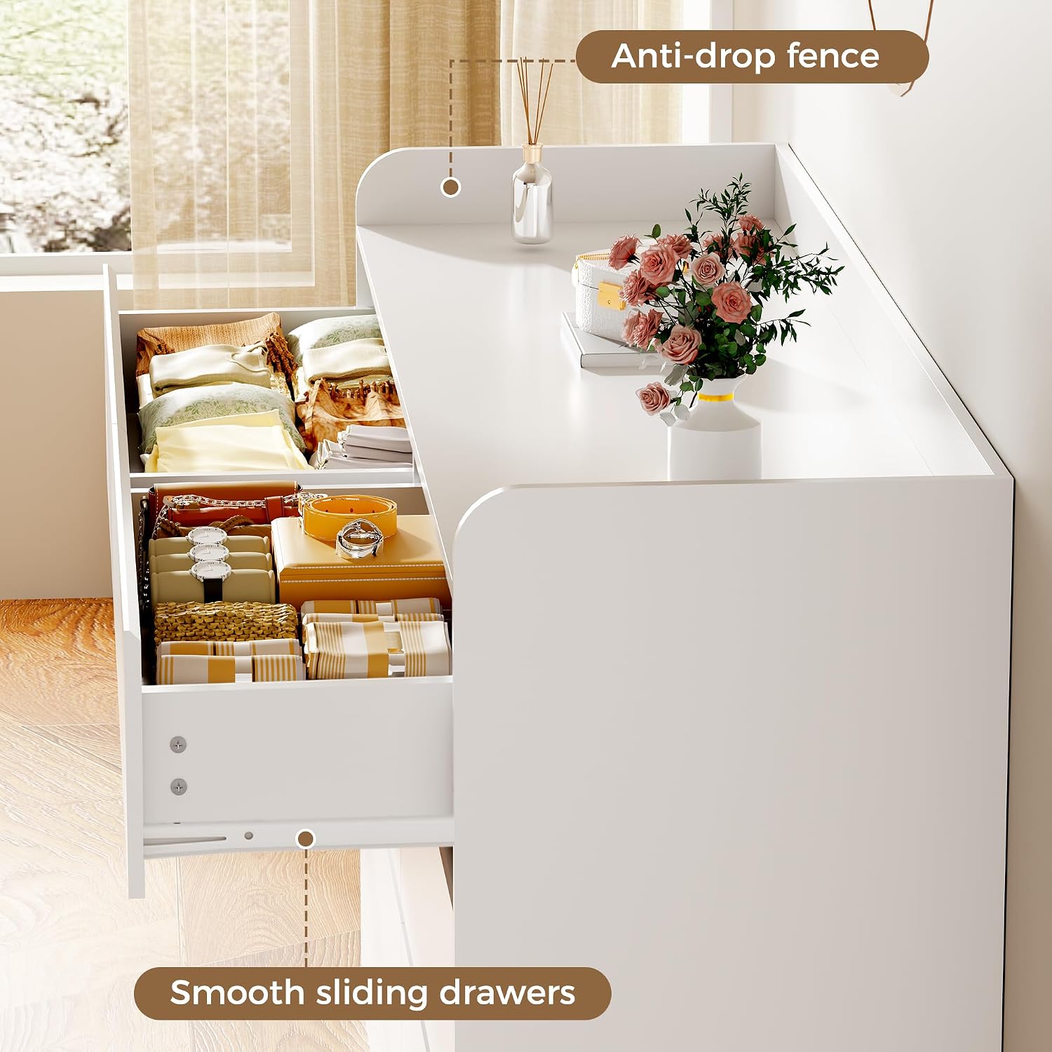 BEWISHOME Dresser for Bedroom, White 6 Drawer Dresser Chest of Drawers, Wood Dressers for Closet, Wide Modern Dressers with Fence for Living Room, Hallway, Entryway, TV Stand, White KCG04W