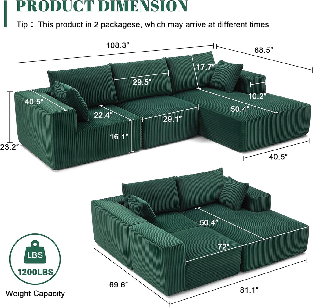 Weture 108' Modular Sectional Sofa, Cloud Sectional Couch with Deep Seat, Modern Modular L-Shape Sofa with Chaise,Upholstered Boneless Couches for Living Room Bedroom (Corduroy, Green)