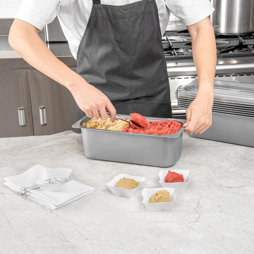 Restaurantware 5 Quart Ice Cream Tub, 100 Count, 5.28 Liter Capacity, Plastic Dessert Container, Rectangular Food Storage Box, Stackable Clear Lid, Gray