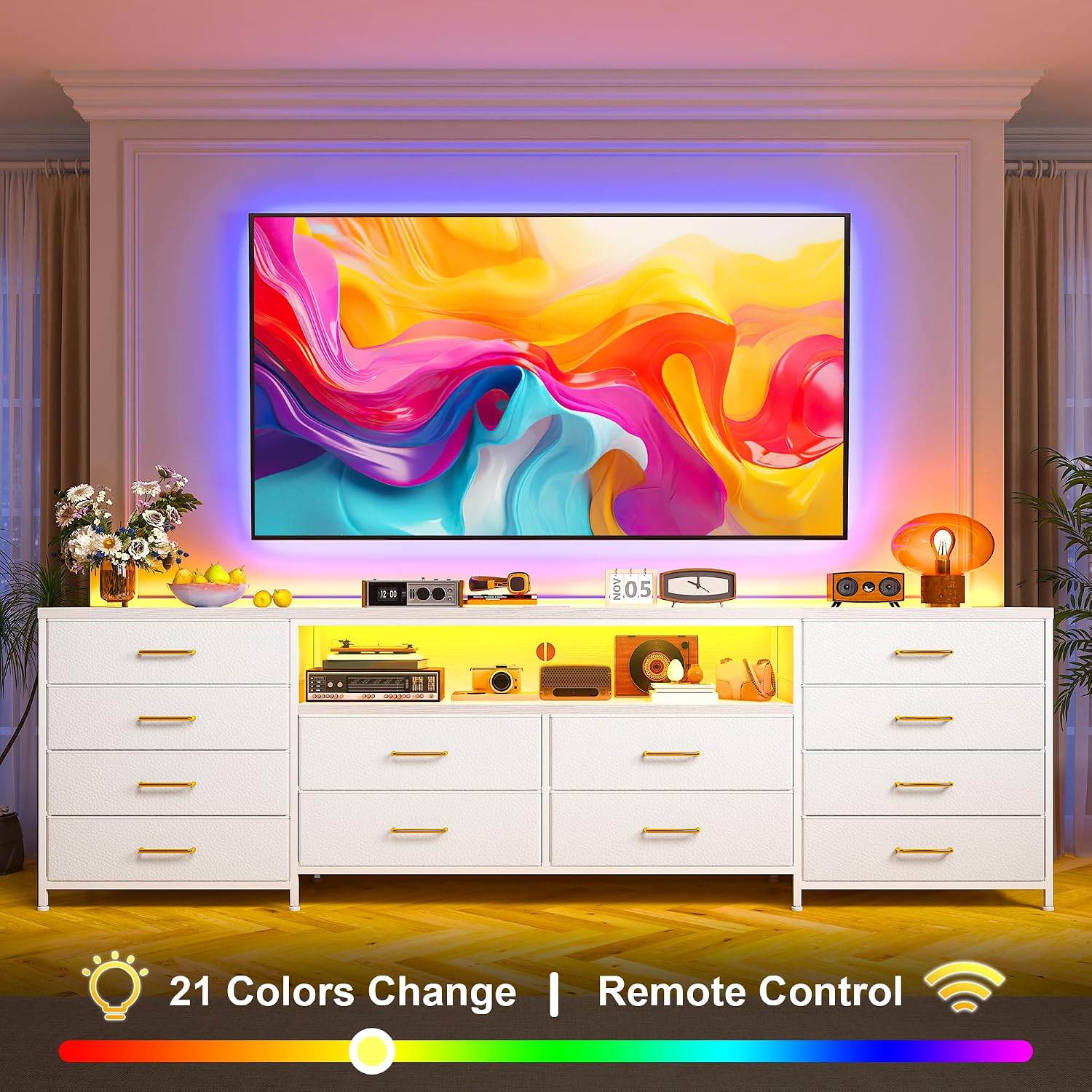 EnHomee 63' W TV Stand Fits 55/65/70' TV, 12 Drawers Dresser with LED Lights & Power Outlets, Entertainment Center Long Fabric Dresser for Bedroom, Living Room, Hallway, White