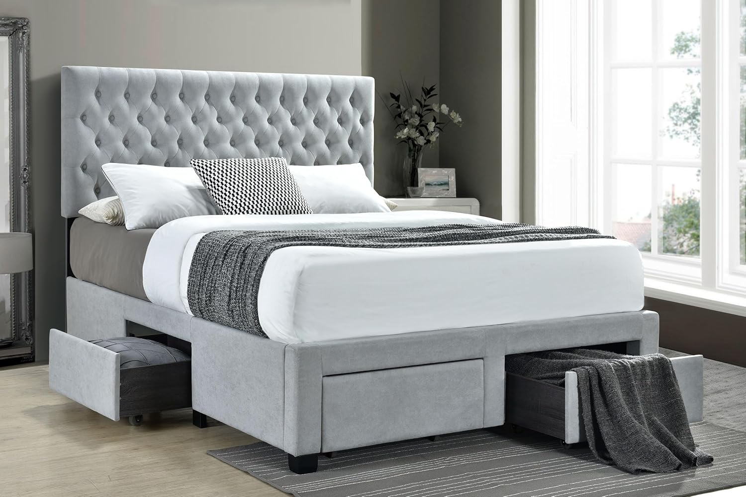 Coaster Home Furnishings - Soledad - Wood - Upholstered Storage Panel Bed with 4 Drawers, Rollers, Tufted Headboard and Modern Classic Style - Bedroom - Full Size - Light Grey - 305878F