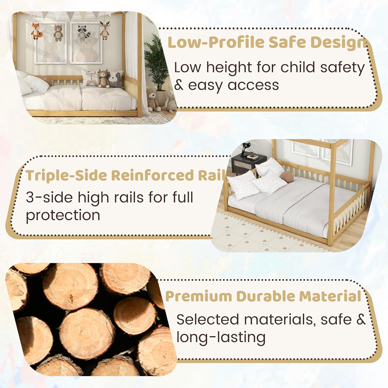 Canopy Bed Frame Full with 4 Posters and Guardrails, Rubber Wood Full Size Montessori Floor Bed with Canopy Frame, Safe and Stylish Canopy Bed Full for Kids Girls Boys,Natural